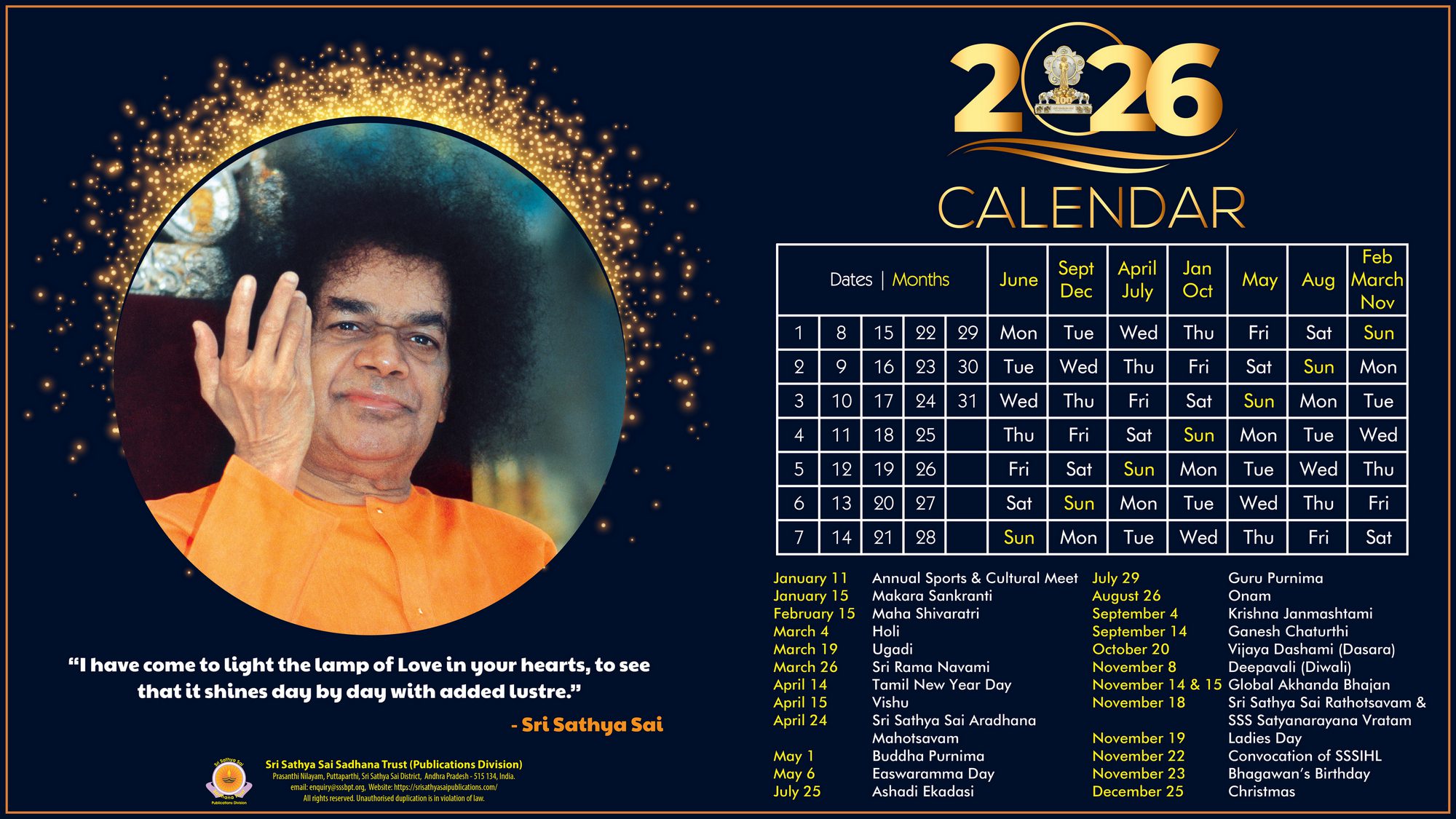 Calendario de celebraciones en Prashanti Nilayam para 2026
